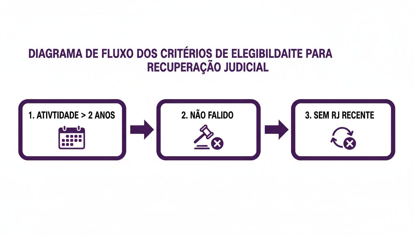 Fluxograma dos critérios de elegibilidade para recuperação judicial: atividade > 2 anos, não falido, sem RJ recente.