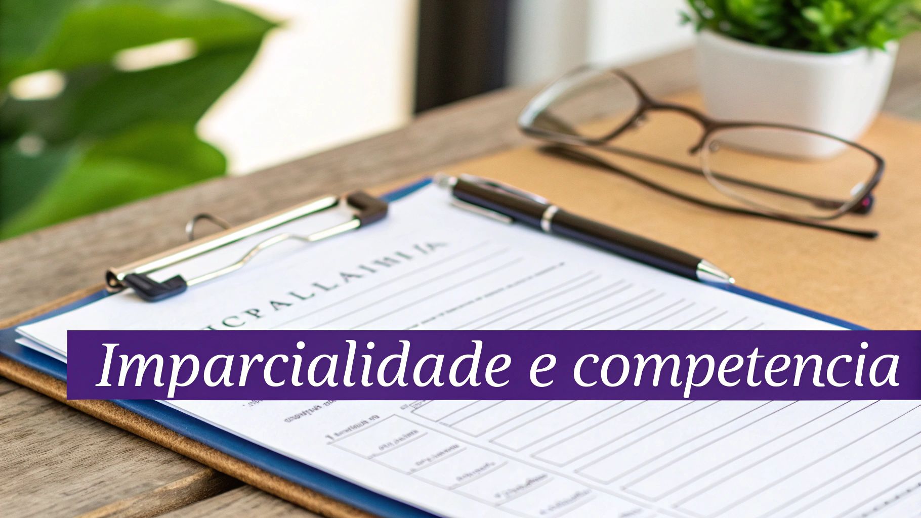 Mesa de trabalho com prancheta, caneta, óculos e um texto sobre imparcialidade e competência.