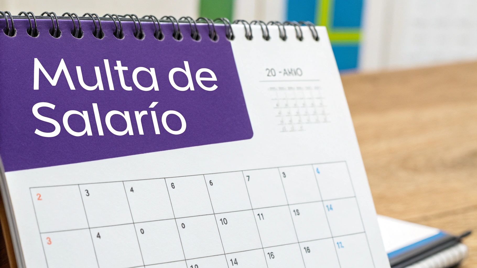 Um calendário com o número 10 circulado em vermelho, ao lado de um documento com um cifrão, simbolizando a multa por atraso no pagamento da rescisão.