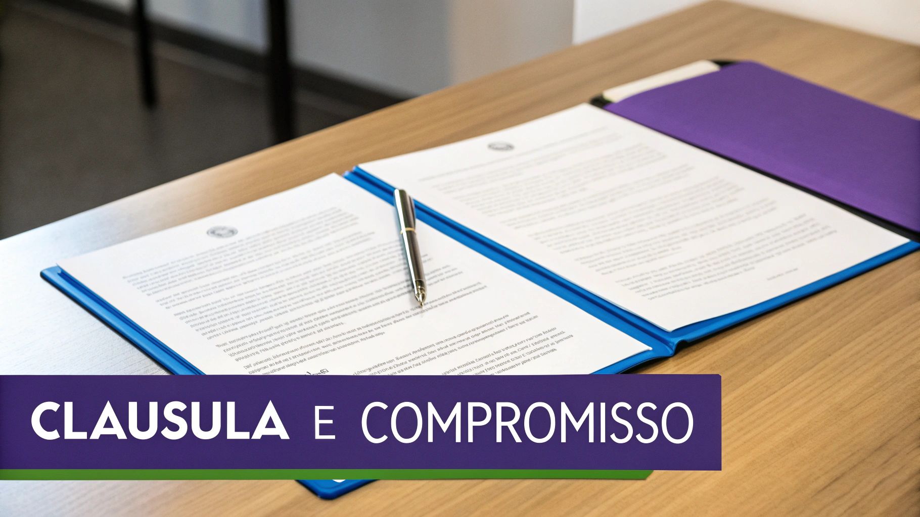 O que é convenção de arbitragem e como funciona? 2 Documentos abertos com caneta sobre mesa de madeira, com pasta roxa e texto 'CLAUSULA E COMPROMISSO' sobreposto.