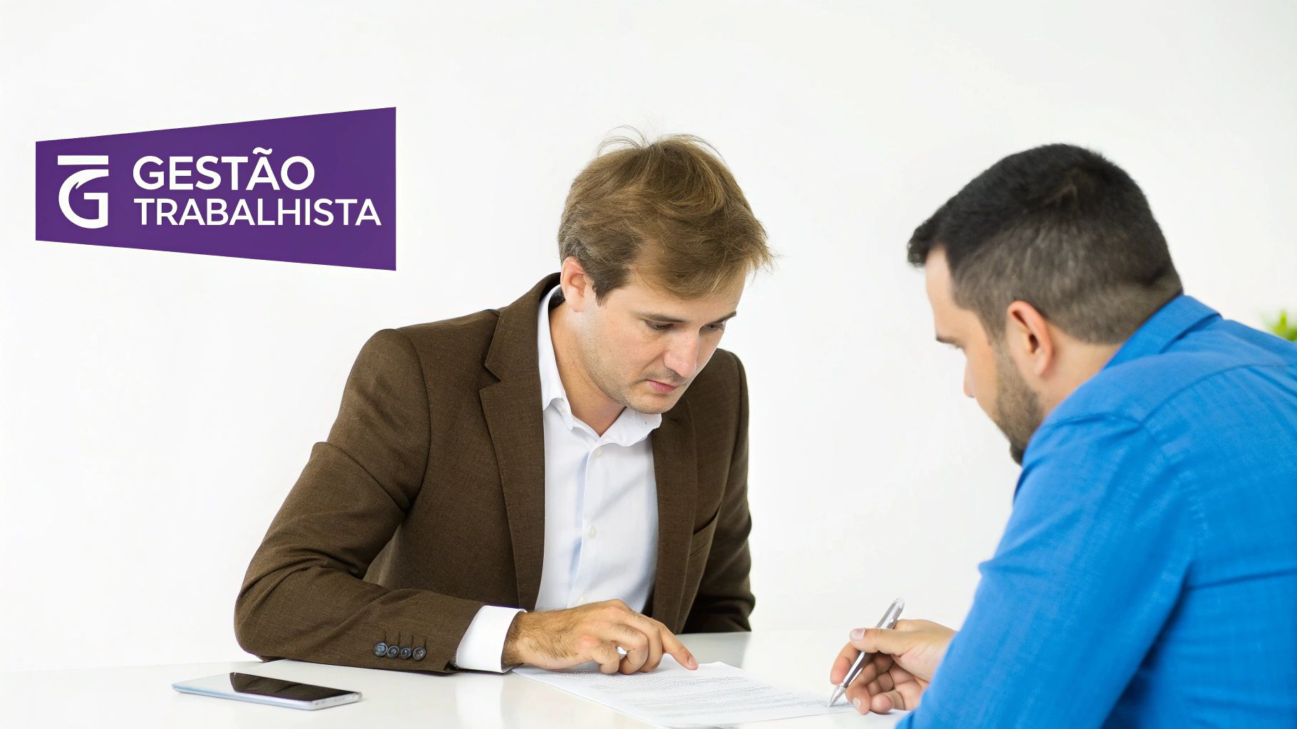 Dois homens revisando um documento em uma mesa, um apontando e o outro escrevendo, com logo Gestão Trabalhista.