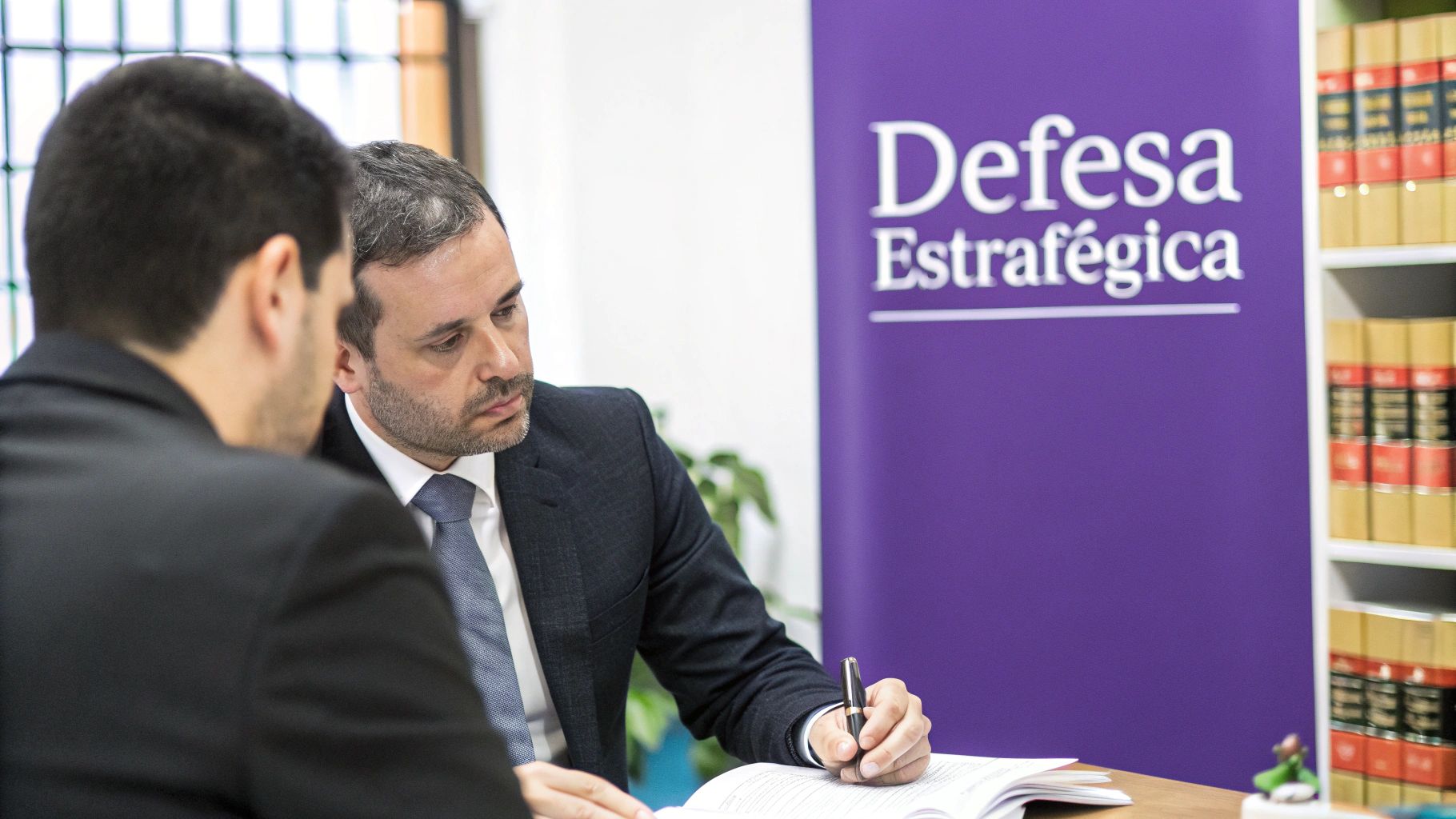 Advogado Criminalista em São Paulo: Guia Completo Para Sua Defesa 1 Dois advogados discutem documentos em um escritório, com banner "Defesa Estratégica" e livros jurídicos.