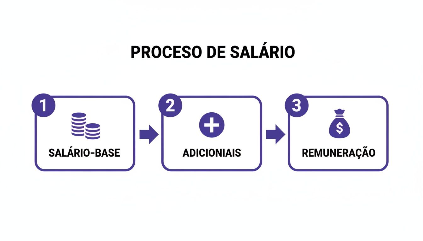 Fluxograma detalhando o processo de salário, desde o salário-base, passando pelos adicionais, até a remuneração final.
