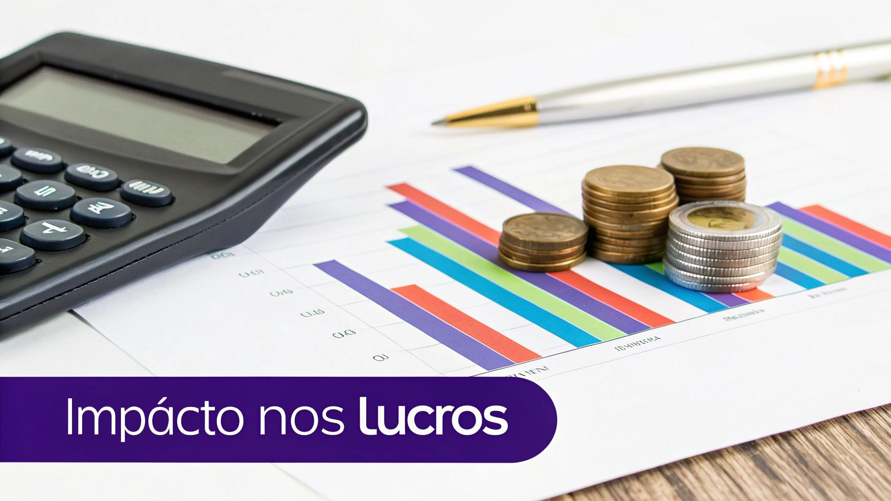 Taxa de Franquia é Mensal? Esclarecendo os Custos Para Futuros Franqueados 3 Calculadora, caneta, moedas e gráfico de barras em documentos financeiros, ilustrando o impacto nos lucros.