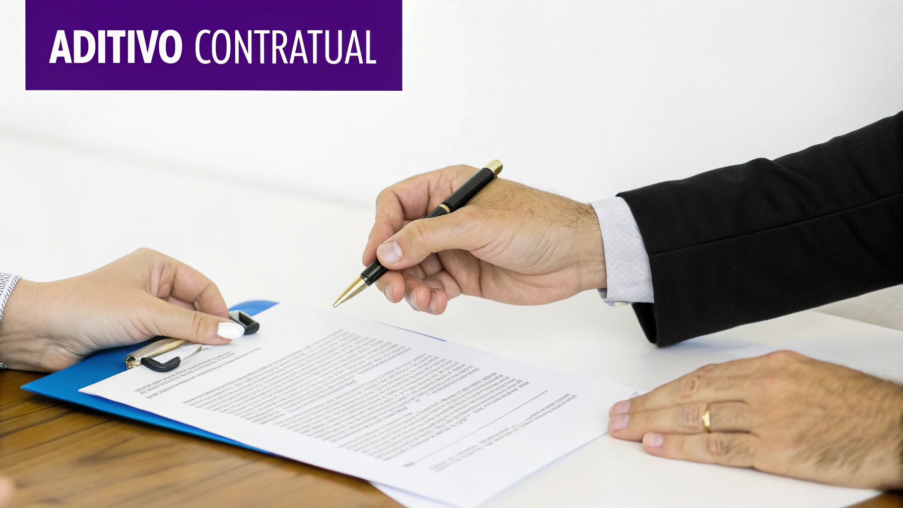 O que é cargo de confiança e como funciona segundo a CLT 3 Mãos de duas pessoas assinando um contrato com a frase 'ADITIVO CONTRATUAL' em um banner roxo.