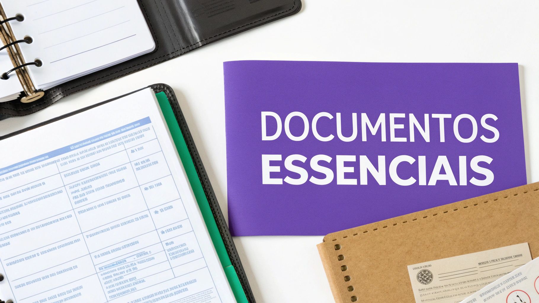 Salário Maternidade Indeferido: O Guia Completo Para Reverter a Decisão 2 Uma pasta roxa com 'DOCUMENTOS ESSENCIAIS' e diversos outros documentos e cadernos de escritório sobre uma mesa branca.