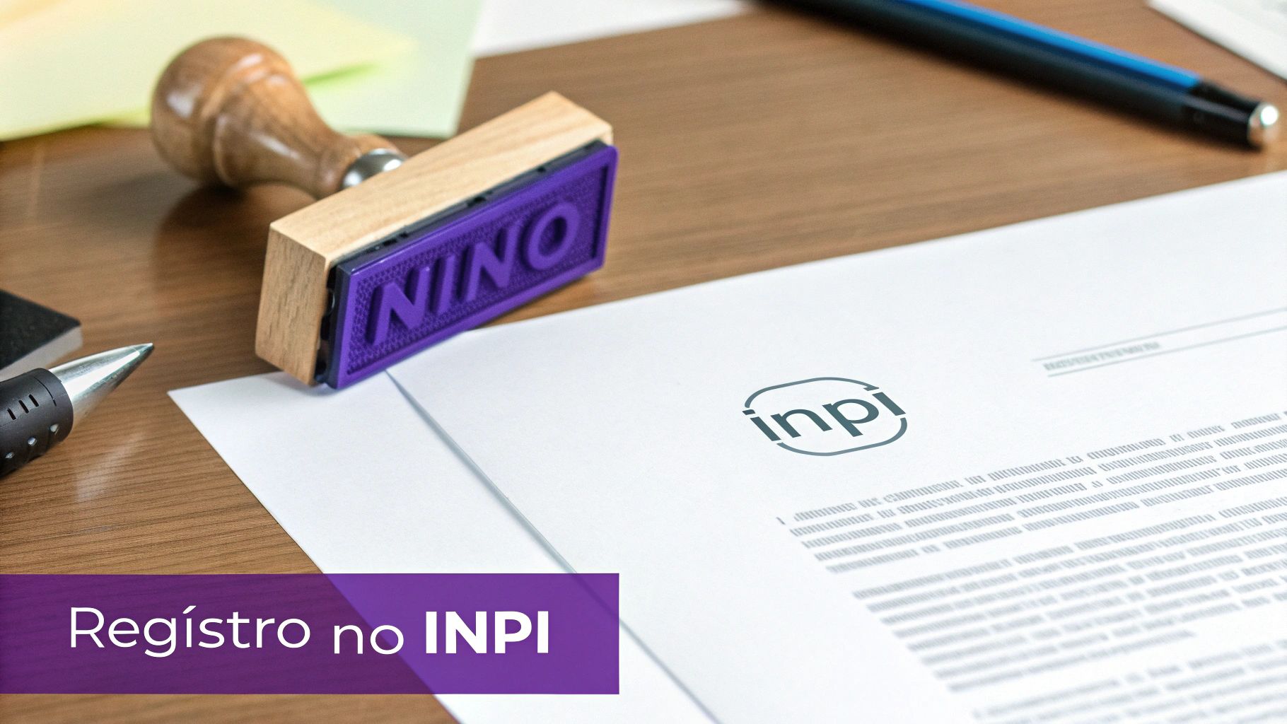 Imagem de carimbo de madeira sobre documento com logo INPI, simbolizando o registro de marca ou patente.