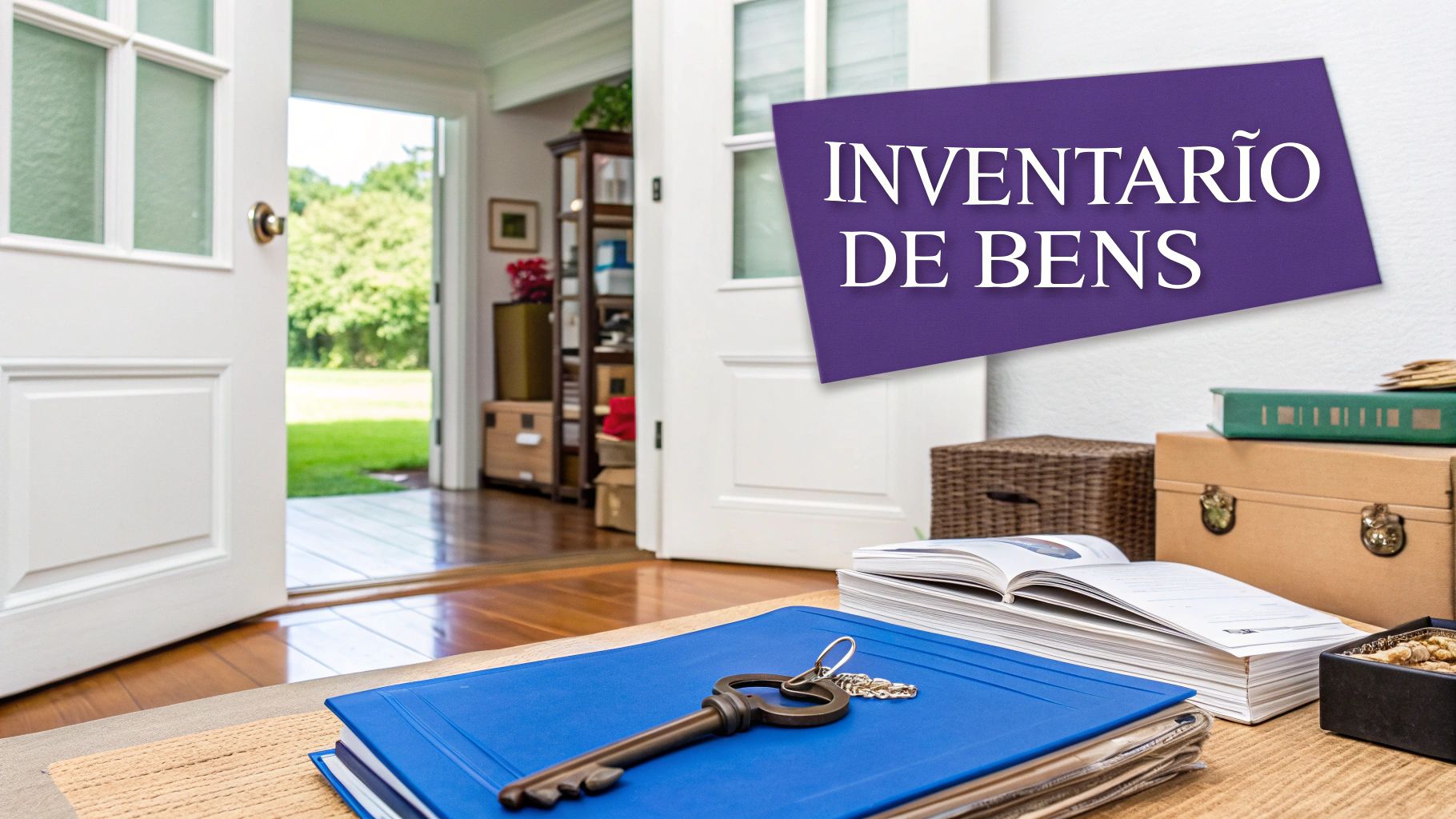 Porta aberta para um jardim, com documentos, chave em uma mesa e a frase 'Inventário de Bens'.