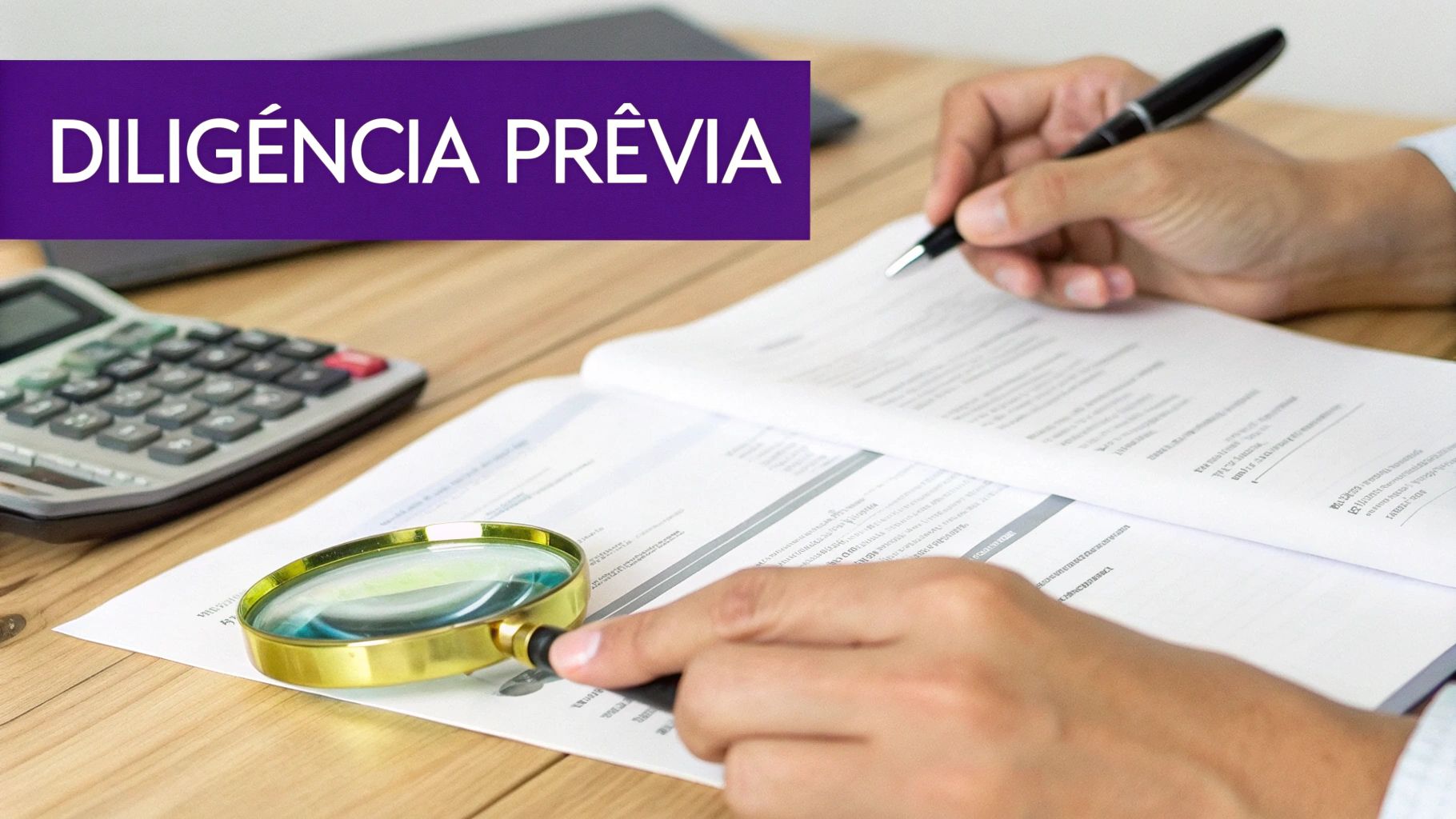 Pessoa revisando documentos importantes com uma lupa e calculadora, com o texto 'DILIGÊNCIA PRÉVIA'.