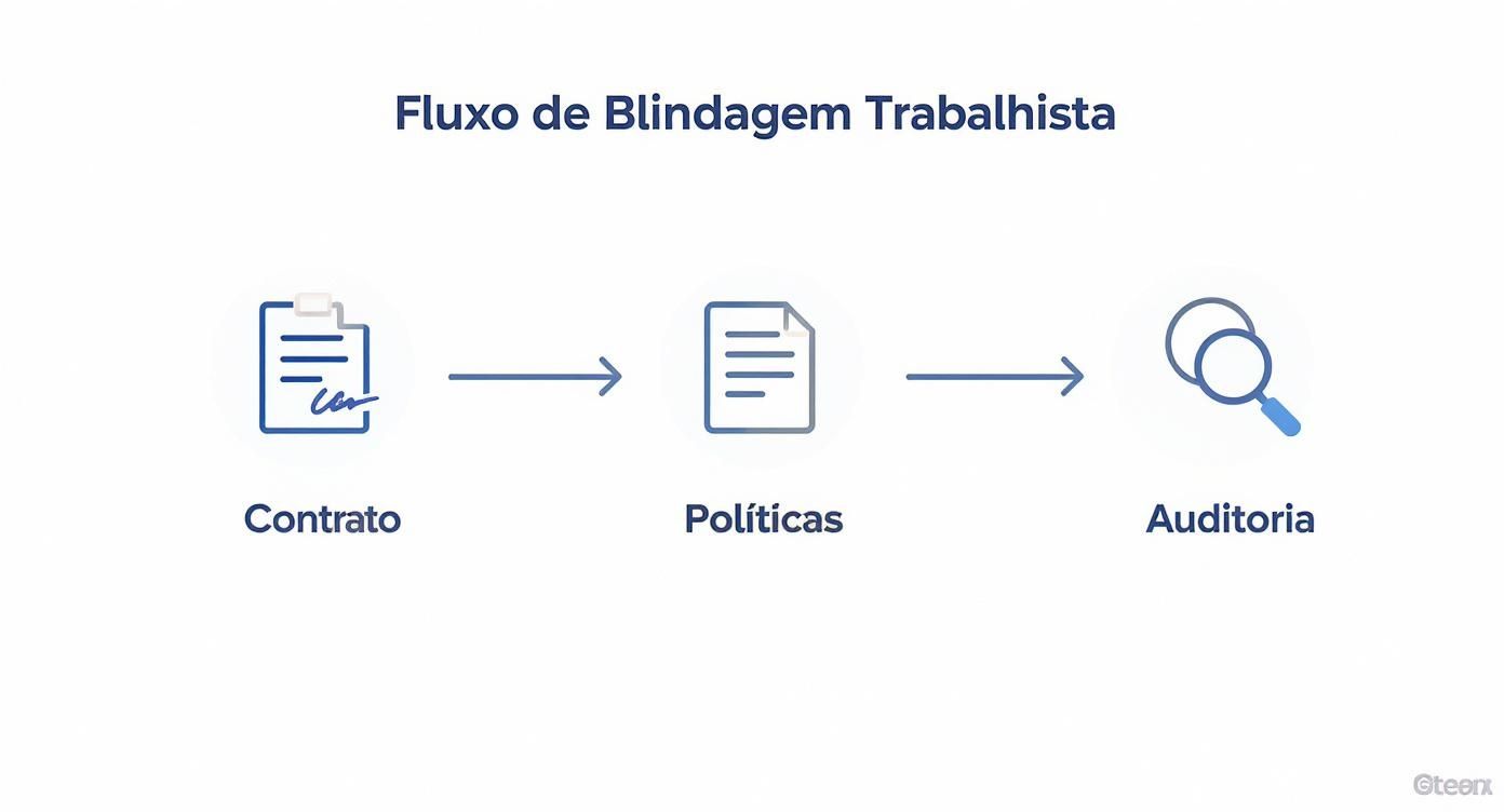 Diagrama mostrando fluxo de blindagem trabalhista com três etapas: contrato, políticas e auditoria