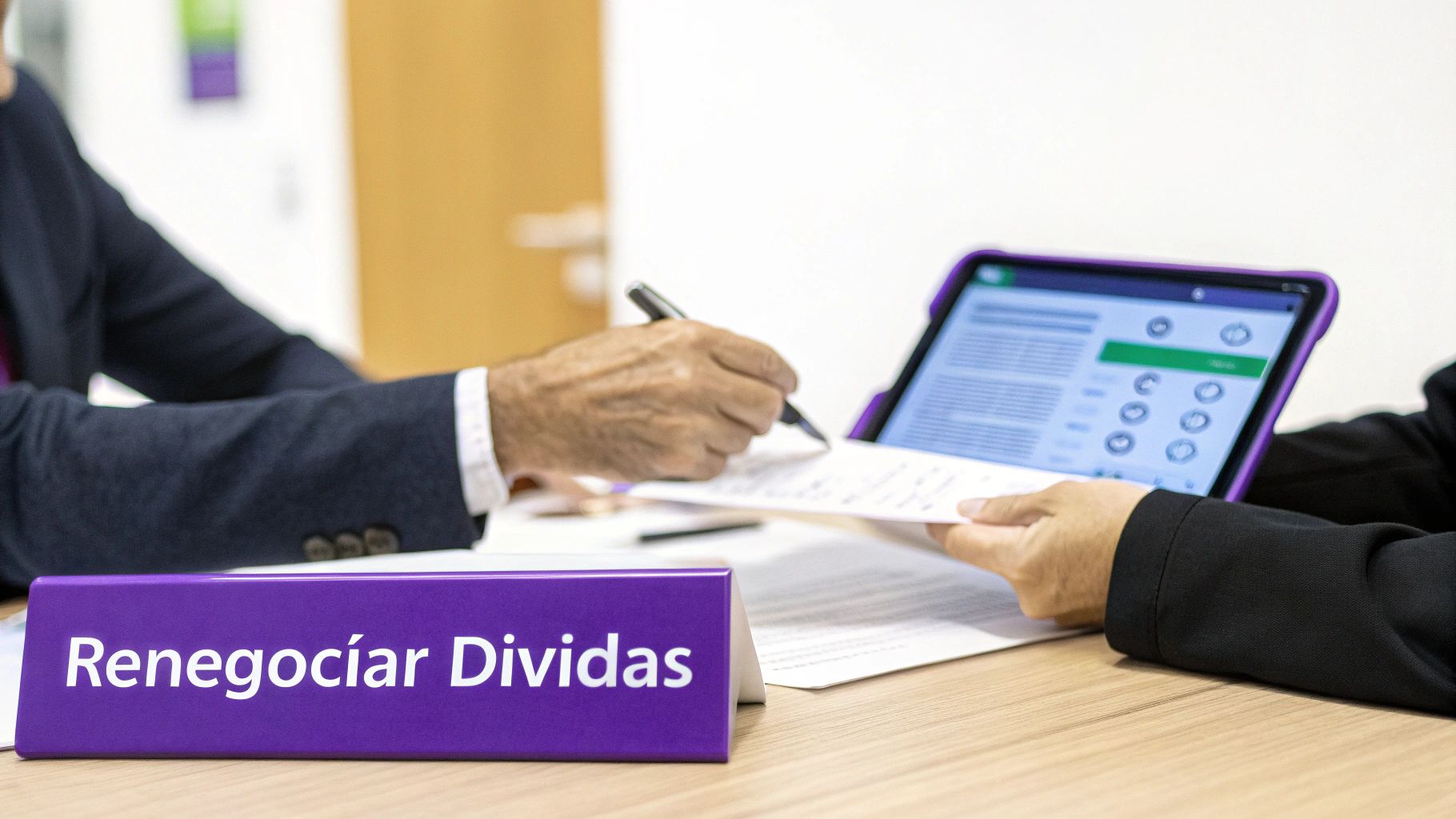 Duas pessoas em reunião, uma assinando documentos e outra usando um tablet para renegociar dívidas.