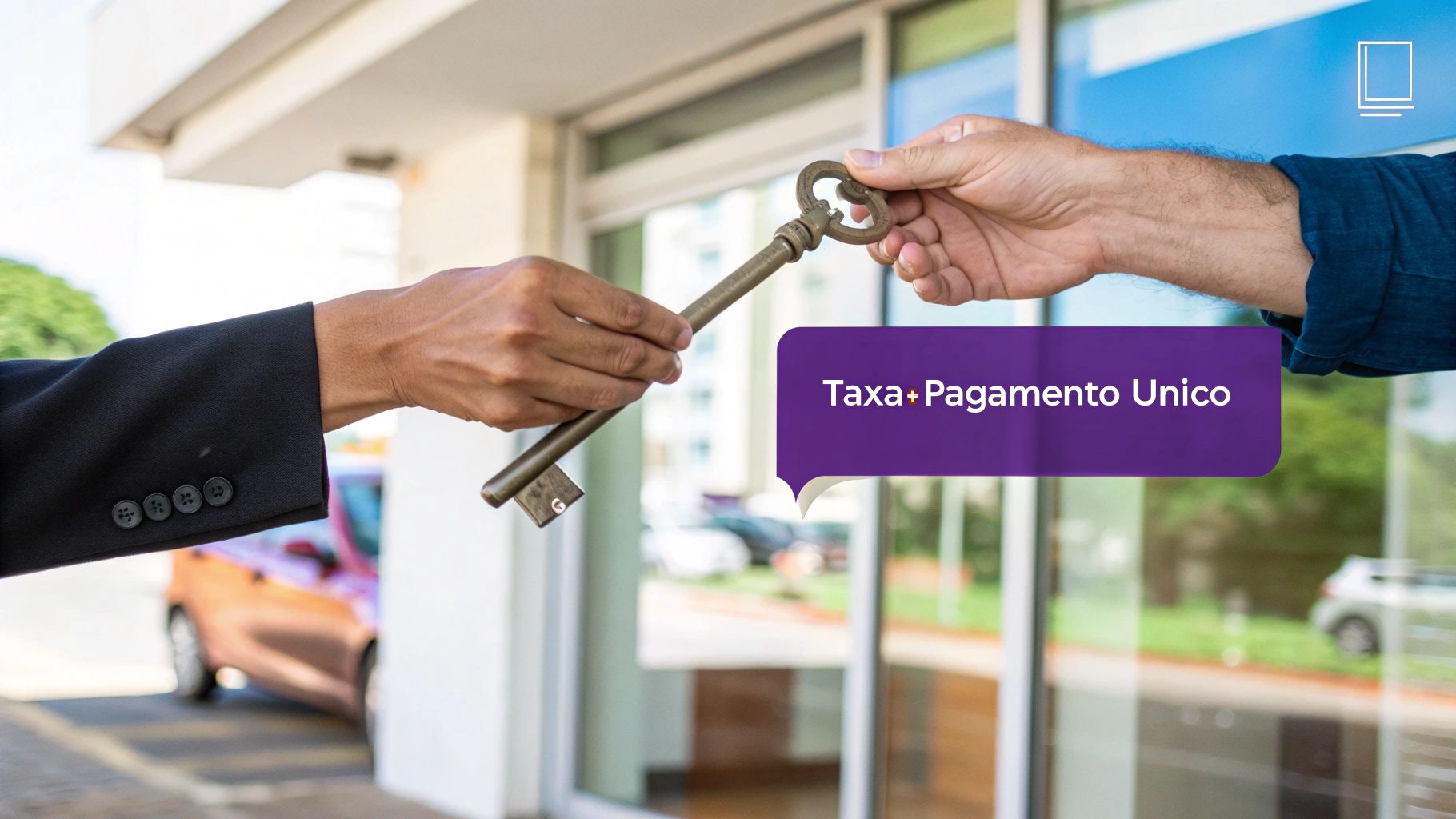 Taxa de Franquia é Mensal? Esclarecendo os Custos Para Futuros Franqueados 1 Duas mãos trocam uma chave antiga, com o texto 'Taxa + Pagamento Único' em destaque, simbolizando uma transação de propriedade.