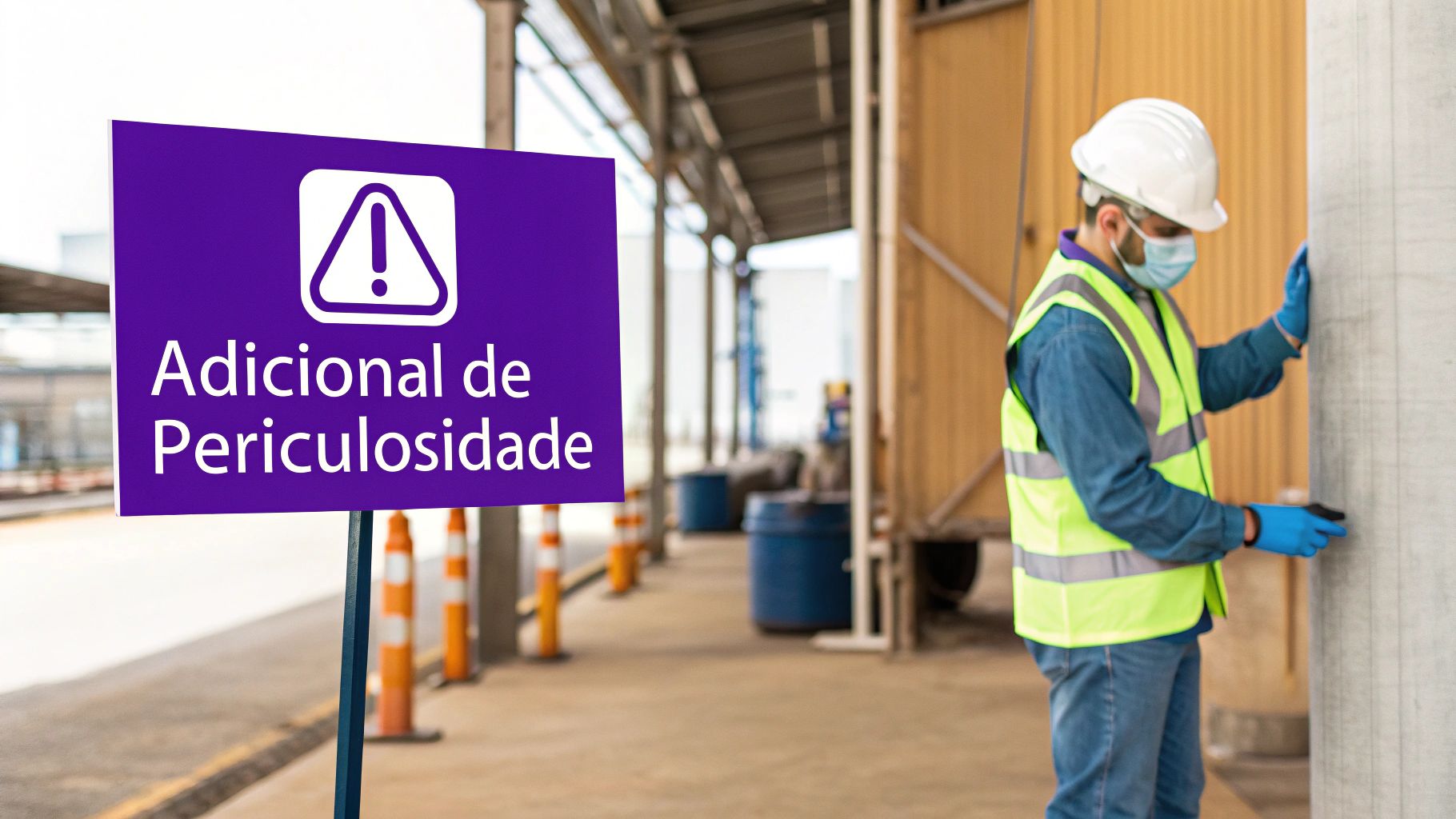 Trabalhador em canteiro de obras com placa de advertência sobre adicional de periculosidade em primeiro plano