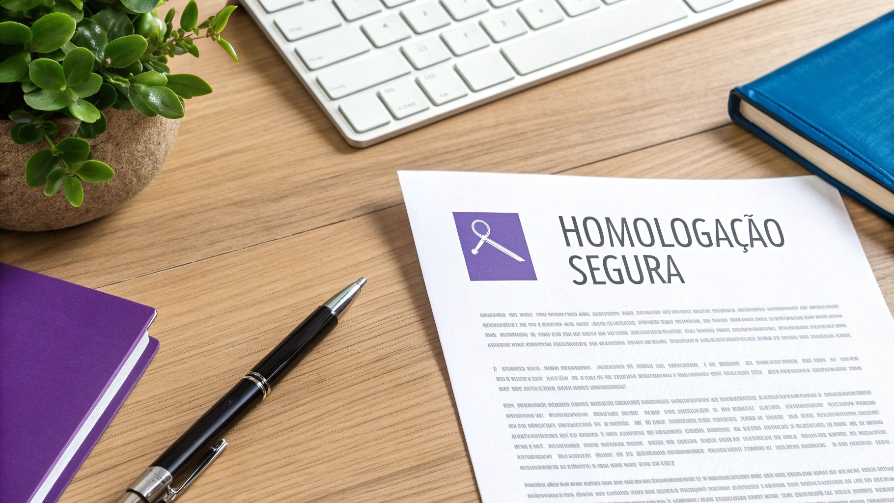 Documento 'Homologação Segura' em mesa de madeira, com teclado, cadernos, caneta e planta.