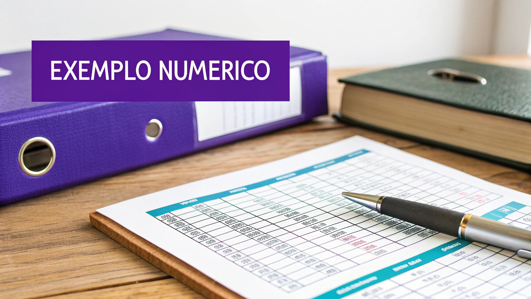 Pasta roxa com exemplo numérico, planilha financeira e caneta sobre mesa de trabalho contábil