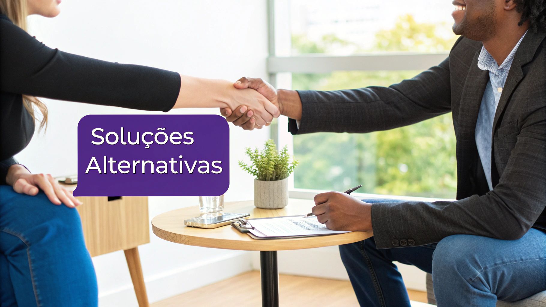 Pessoas de negócios sorrindo e apertando as mãos, com "Soluções Alternativas" em um balão de fala, sobre uma mesa de escritório.