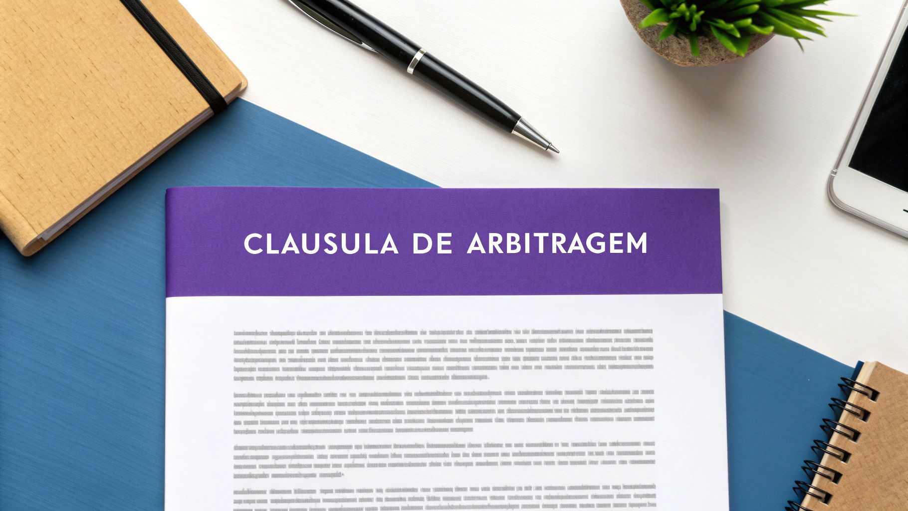 Mãos assinando um contrato com uma cláusula de arbitragem em destaque.
