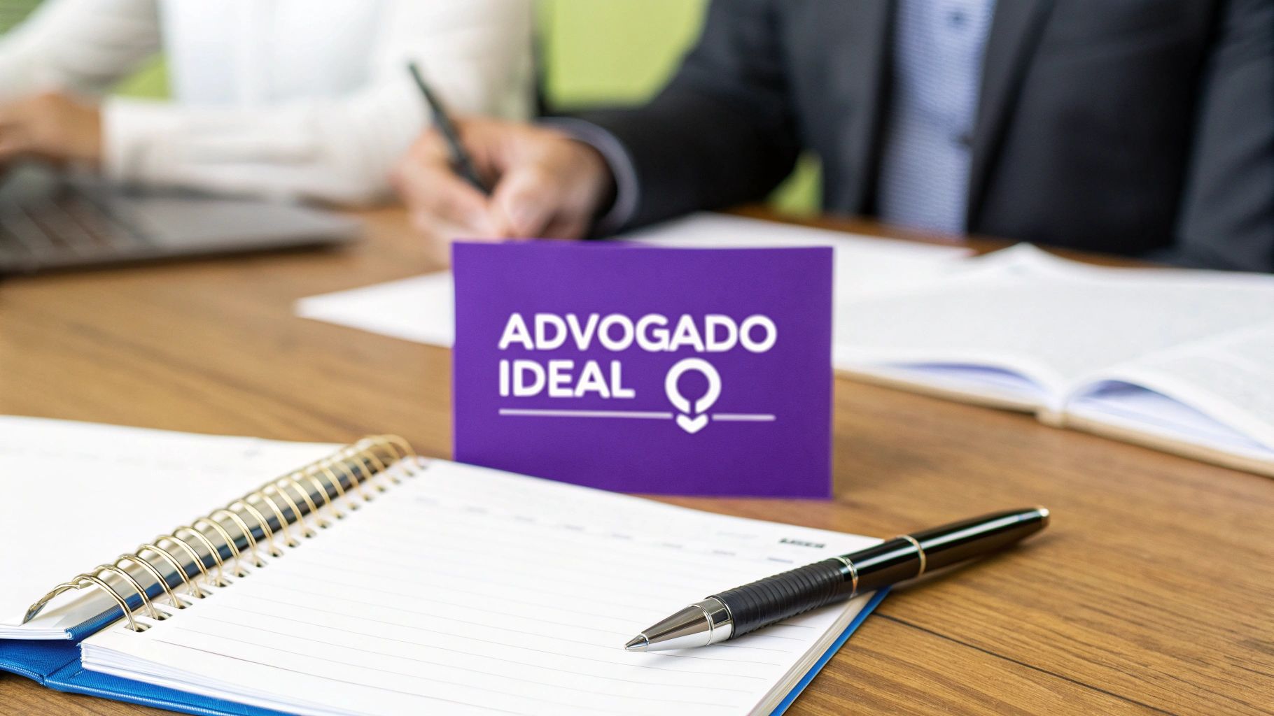 Mesa de reunião com placa roxa 'ADVOGADO IDEAL', caderno aberto, caneta e pessoas trabalhando.