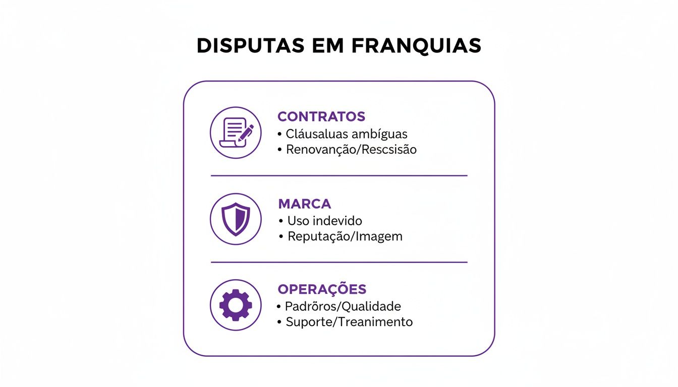 Infográfico detalhando disputas comuns em franquias, abordando questões de contratos, marca e operações.