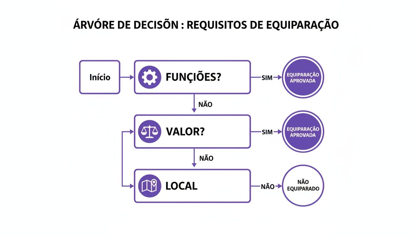 Árvore de decisão detalhando os requisitos para equiparação, avaliando funções, valor e local para aprovação.