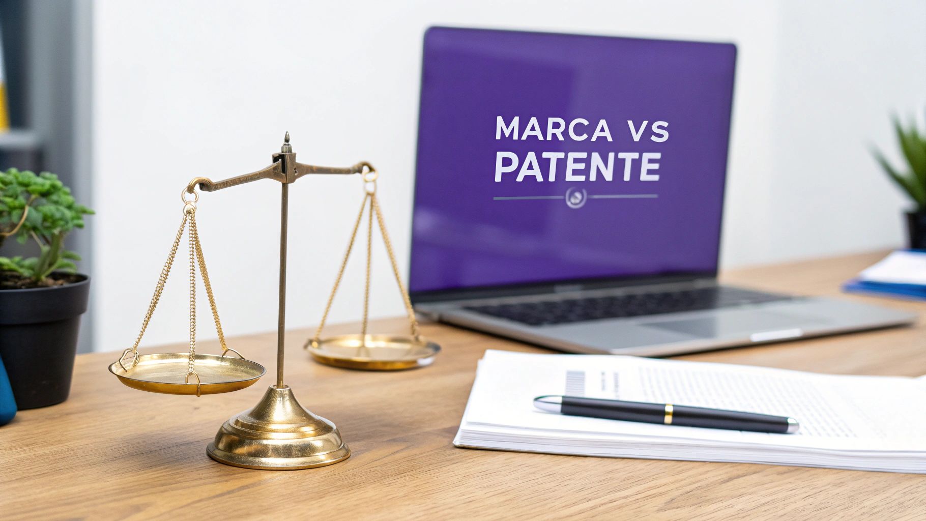 Qual a Diferença Entre Marca e Patente? Guia Completo 2024 1 Uma balança da justiça equilibrando um símbolo de marca registrada (®) e uma lâmpada, simbolizando a diferença entre marca e patente.