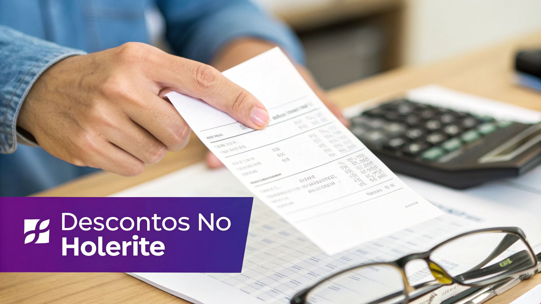 Mãos segurando um holerite ou comprovante de pagamento, com calculadora e óculos sobre a mesa.