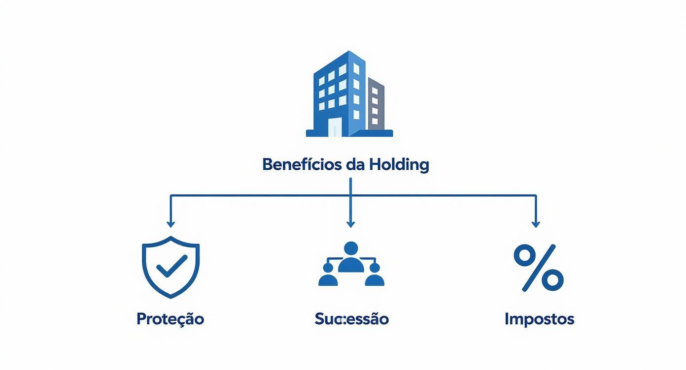Como funciona a holding familiar: Guia prático para proteger seu patrimônio 2 Diagrama visual dos benefícios da holding, destacando proteção, sucessão e otimização de impostos.