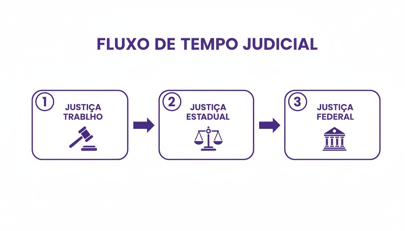 Fluxograma roxo mostra o fluxo de tempo judicial: Justiça do Trabalho, Estadual e Federal, com ícones.