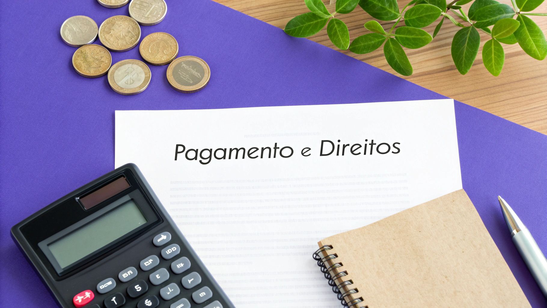 Uma calculadora e moedas sobre uma mesa, simbolizando o cálculo da remuneração no trabalho intermitente.