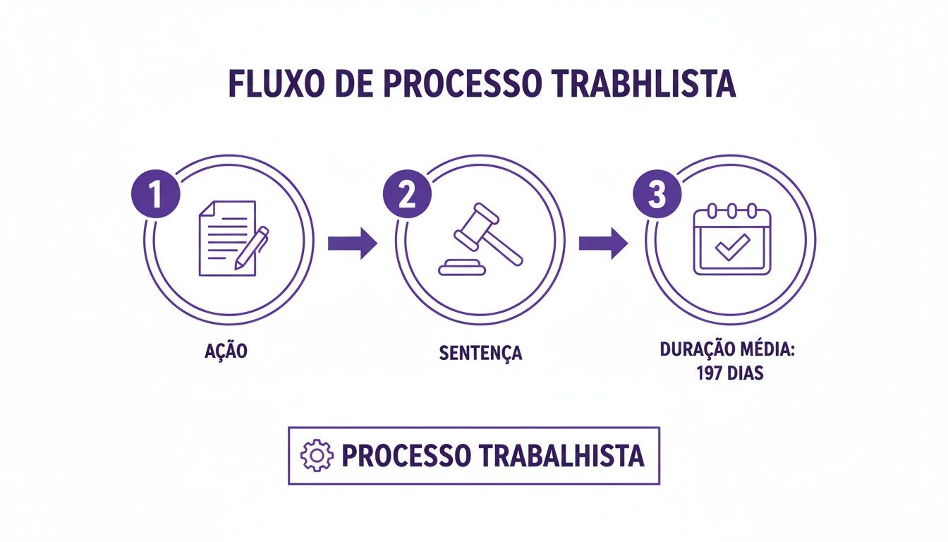 Fluxograma do processo trabalhista em 3 etapas: ação, sentença e duração média de 197 dias.