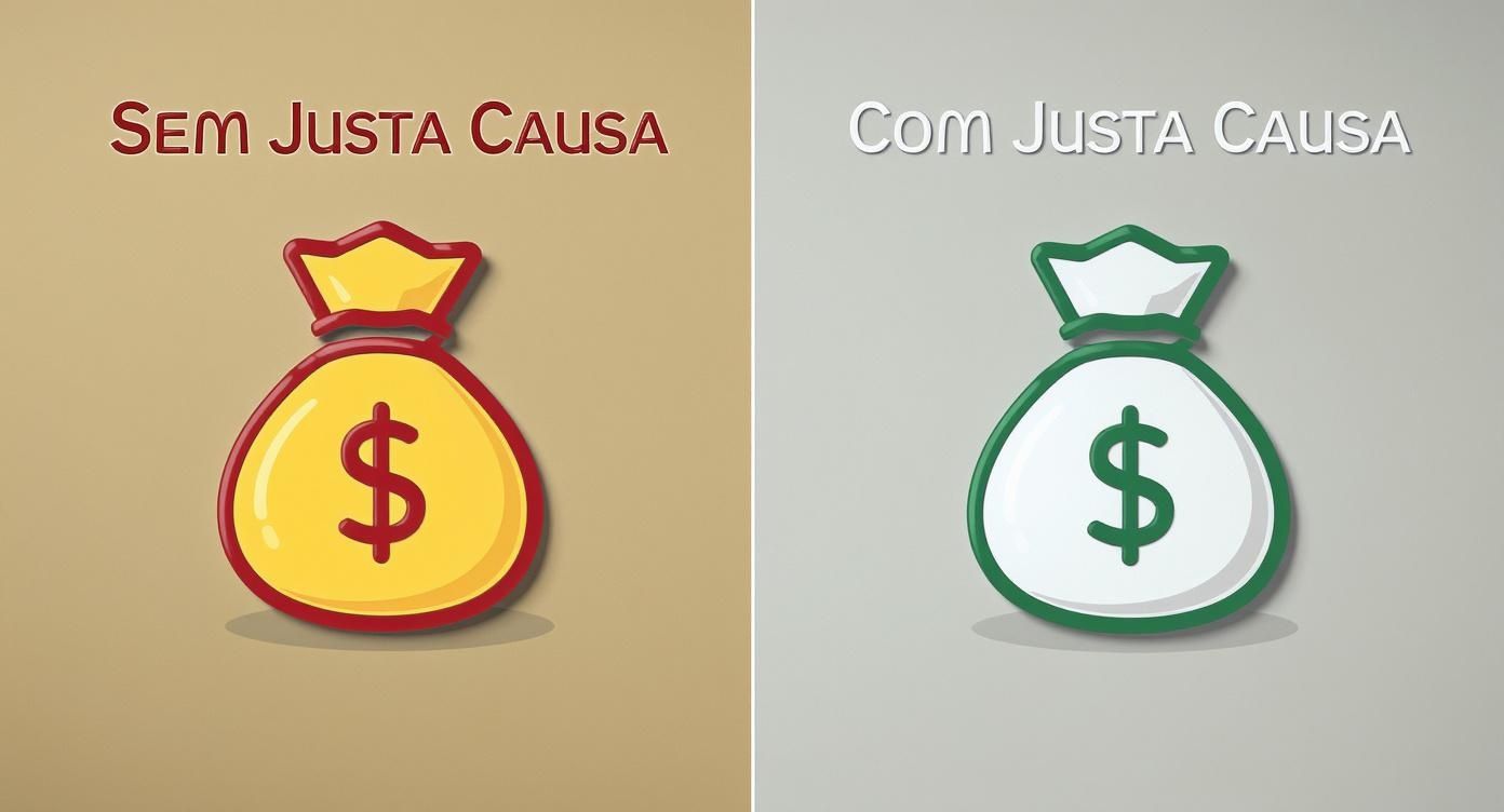 Justa Causa Direitos: O Guia Completo Sobre o Que Fazer ao Ser Demitido 2 Comparação visual de sacos de dinheiro: um vermelho para 'sem justa causa' e um verde para 'com justa causa'.