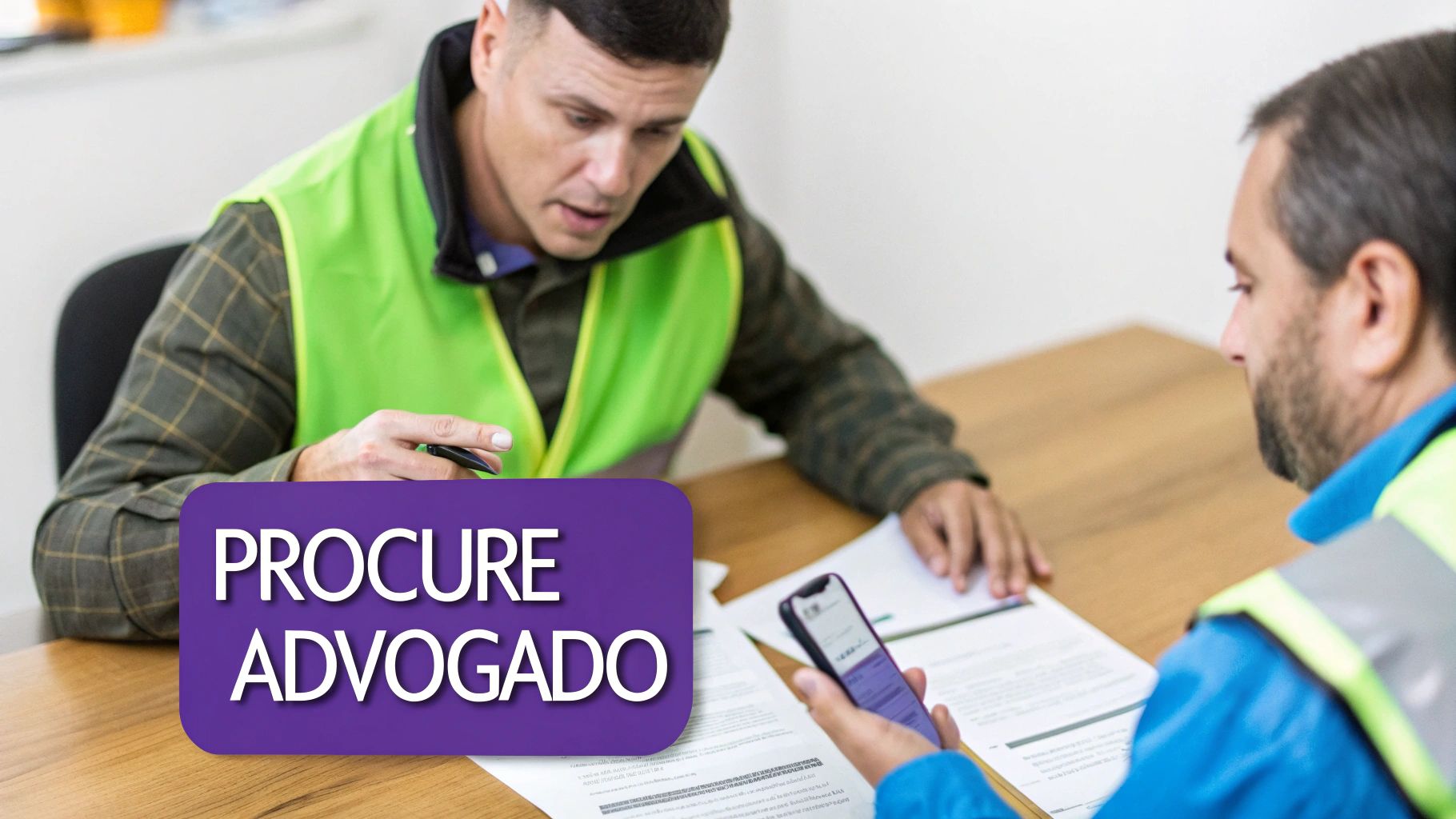 Dois homens em coletes de segurança conversam e consultam documentos, um deles olhando um smartphone, com a frase "PROCURE ADVOGADO".