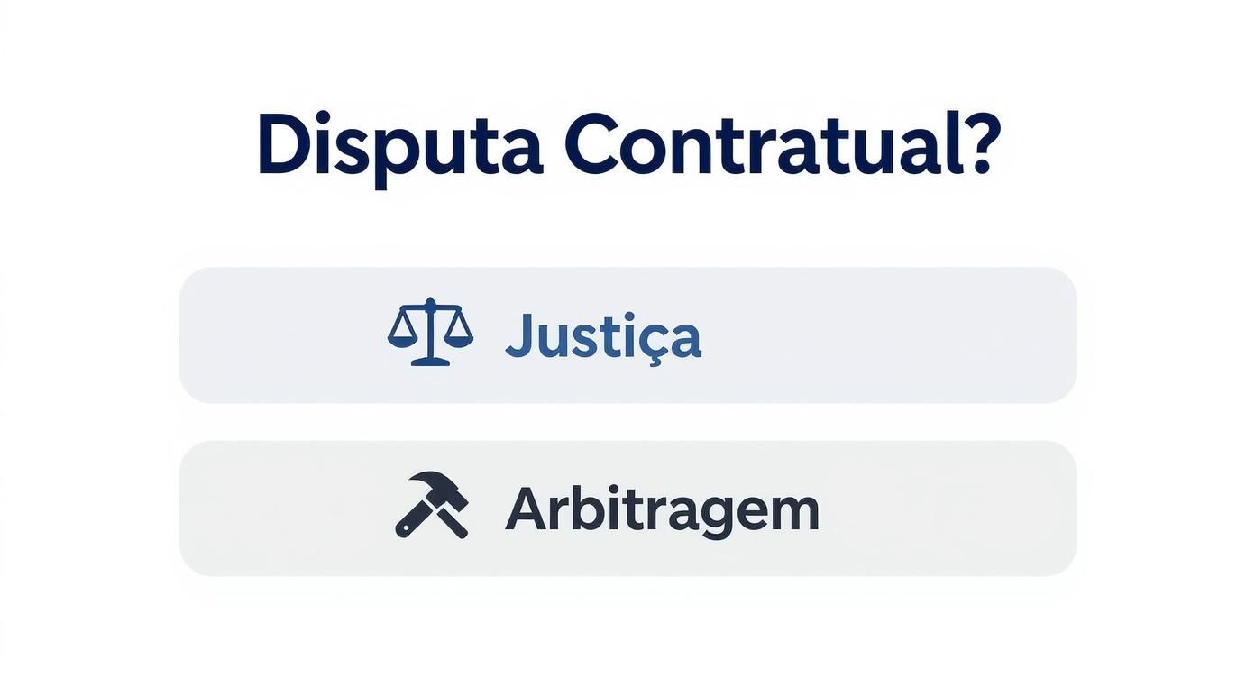 Infográfico mostrando uma árvore de decisão para disputas contratuais, com as opções de Justiça e Arbitragem.