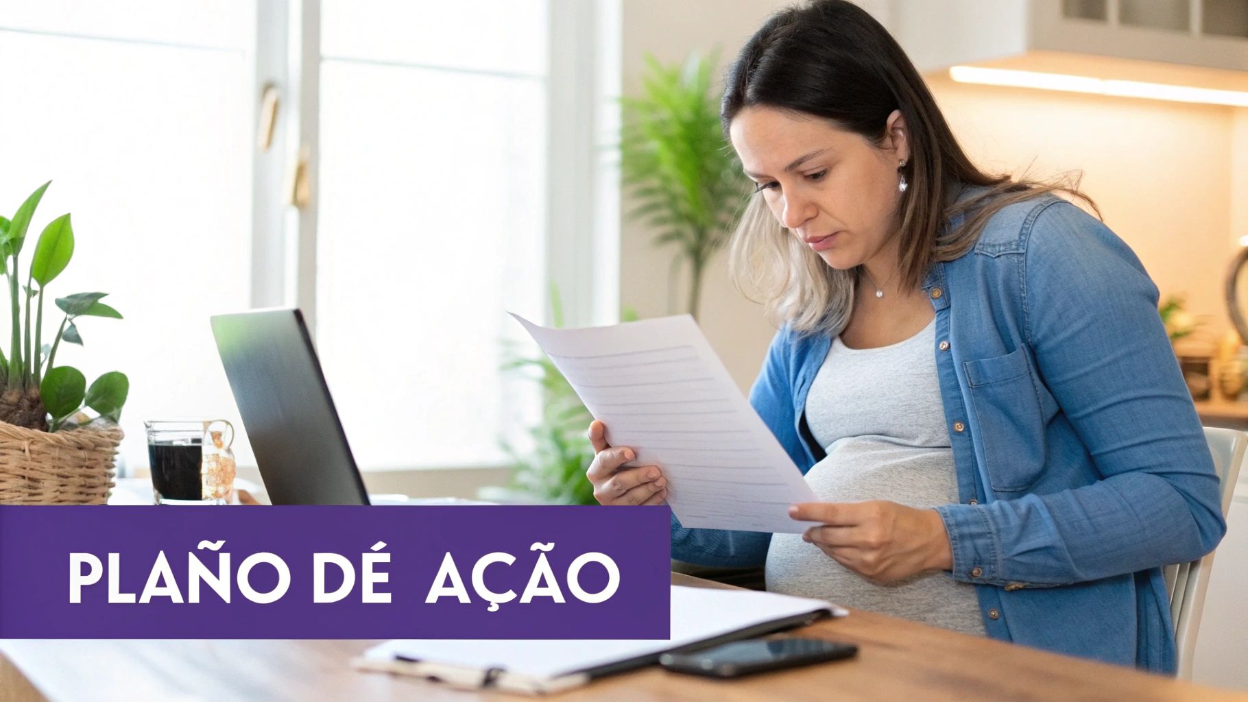 Mulher grávida preocupada segurando documentos de demissão.