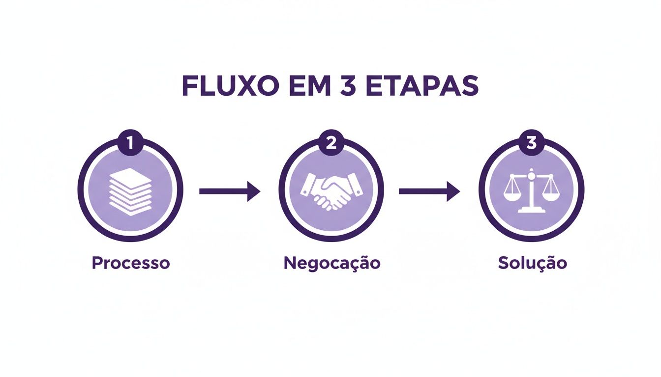 Acordo Trabalhista Judicial: Guia Completo de Como Funciona e Quando Vale a Pena 1 Um fluxograma ilustrando três etapas: Processo (papéis), Negociação (aperto de mãos) e Solução (balança da justiça).