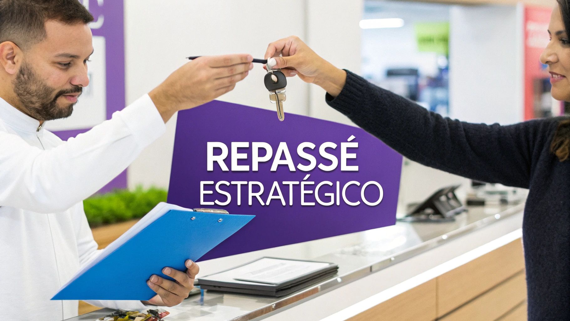 Repasse de franquias: o guia definitivo para uma transferência segura 1 Homem de camisa branca entregando chaves a uma mulher em ambiente de escritório, com texto 'REPASSÉ ESTRATÉGICO'.