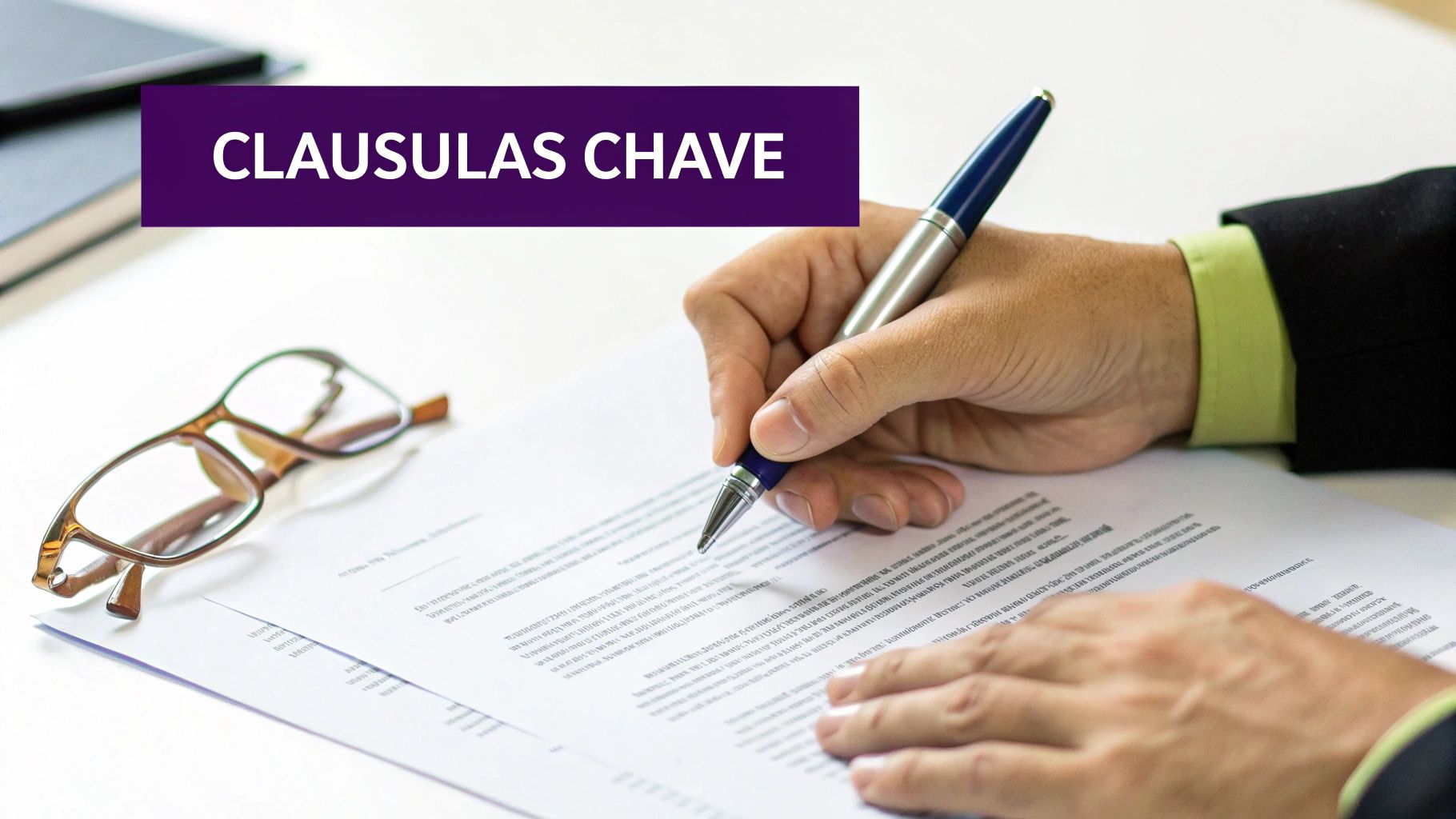 O que é taxa de royalties: Guia Completo para Calcular e Negociar 3 Pessoa analisando um contrato com uma caneta, destacando cláusulas importantes.