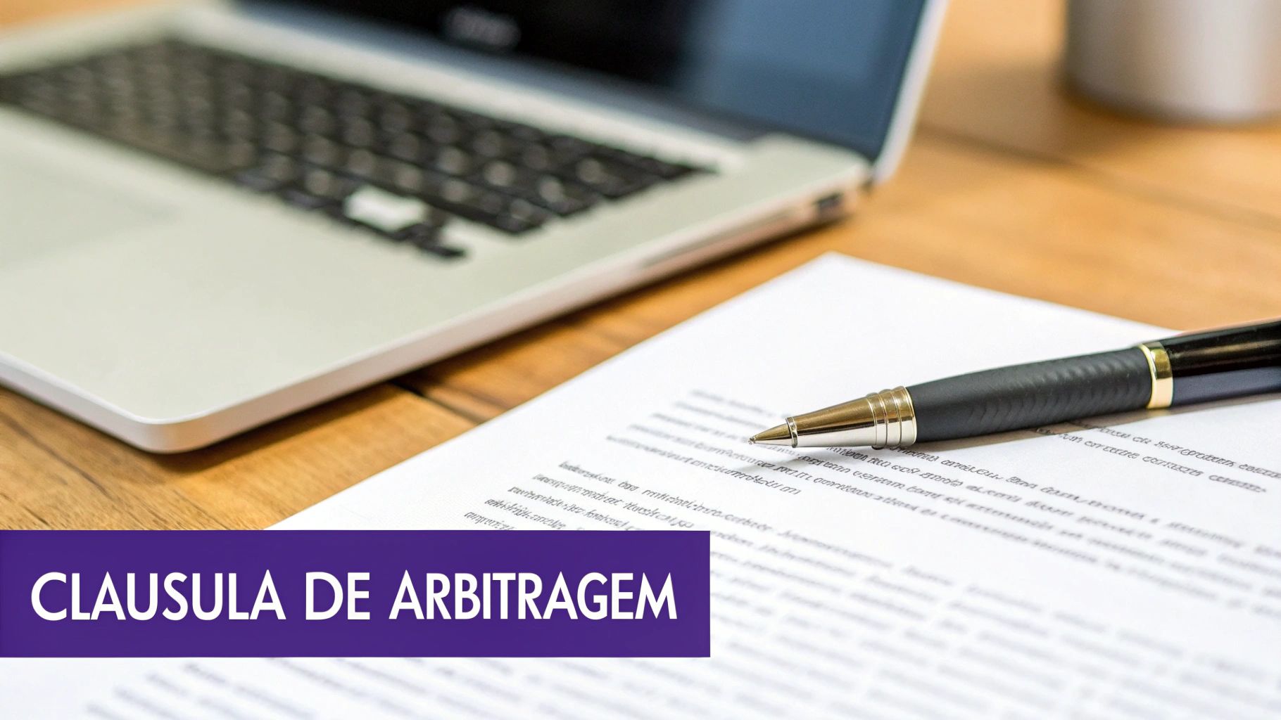 Uma caneta sobre um documento com a frase 'CLAUSULA DE ARBITRAGEM' em destaque, um laptop e mesa de madeira.