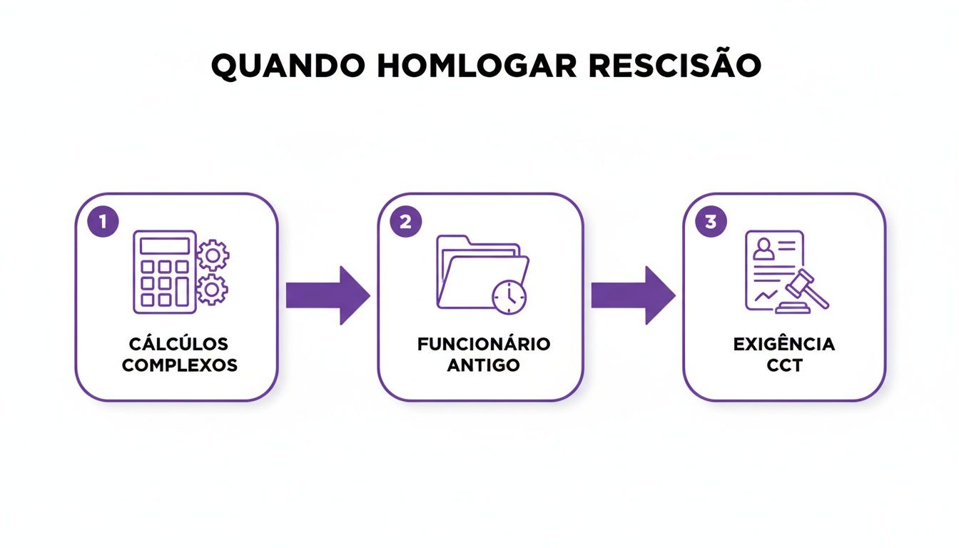 Diagrama com 3 etapas sobre quando homologar rescisão: cálculos complexos, funcionário antigo e exigência CCT.