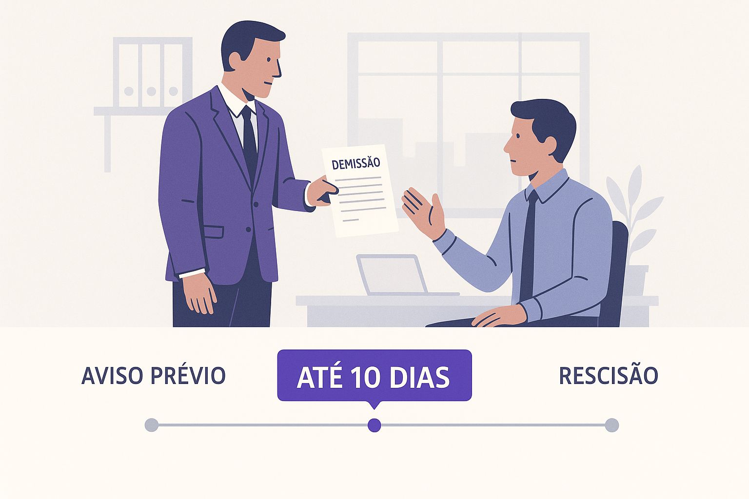 Infográfico mostrando um gerente entregando um documento de rescisão a um funcionário, com um destaque de texto "Até 10 Dias"