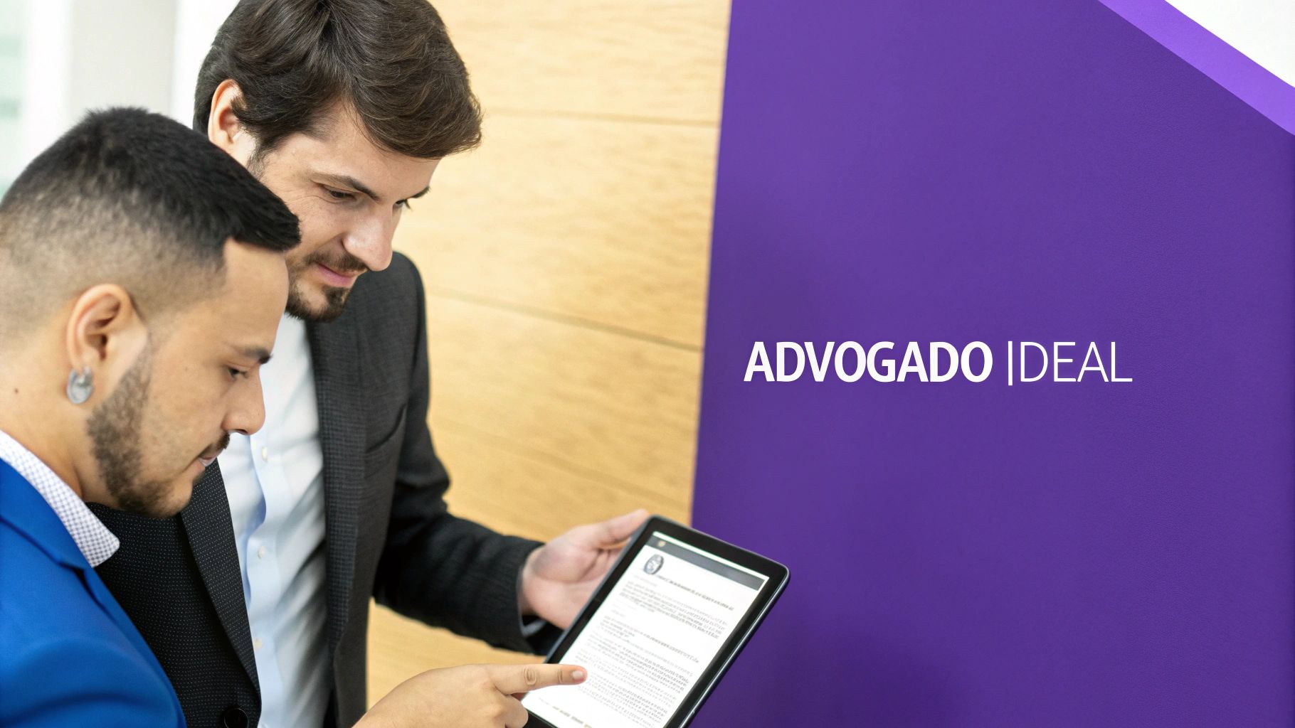 Advogado de Empresas: O Guia Completo para um Crescimento Seguro 3 Dois homens olhando atentamente para um tablet, um deles apontando para o conteúdo na tela, com o texto ADVOGADO | IDEAL em destaque ao fundo.