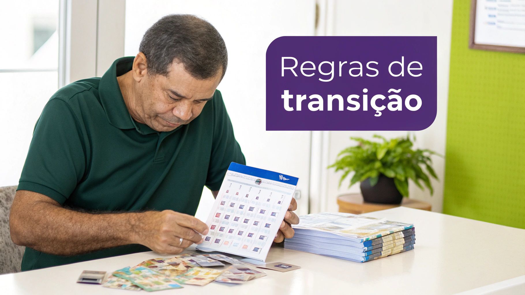 Como Funciona a Aposentadoria por Tempo de Contribuição: Guia 2024 1 Homem de meia-idade estuda regras de transição de aposentadoria com documentos e cartões na mesa.