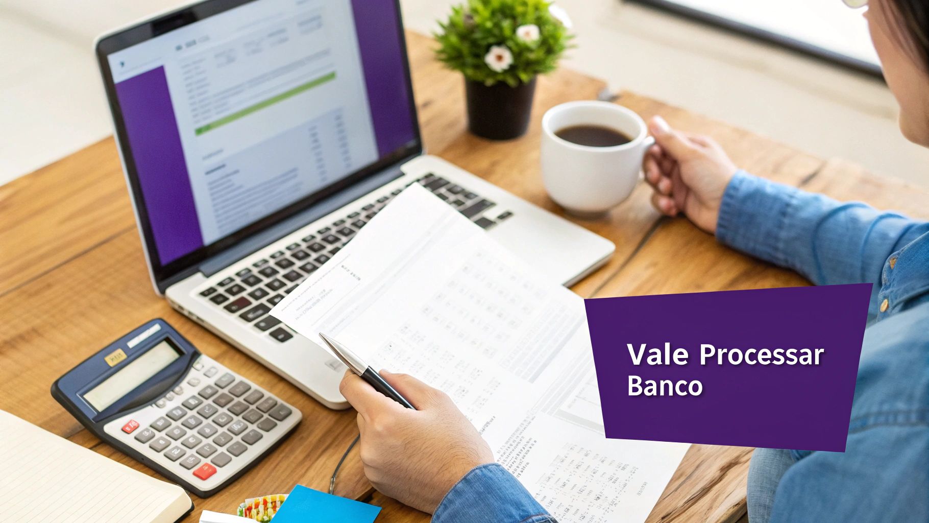 Uma balança da justiça e um martelo de juiz em uma mesa de madeira, simbolizando a decisão de processar um banco.