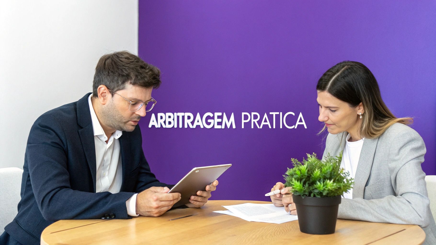 Duas pessoas em uma mesa: um homem com tablet, uma mulher com documentos, e 'ARBITRAGEM PRATICA' ao fundo.
