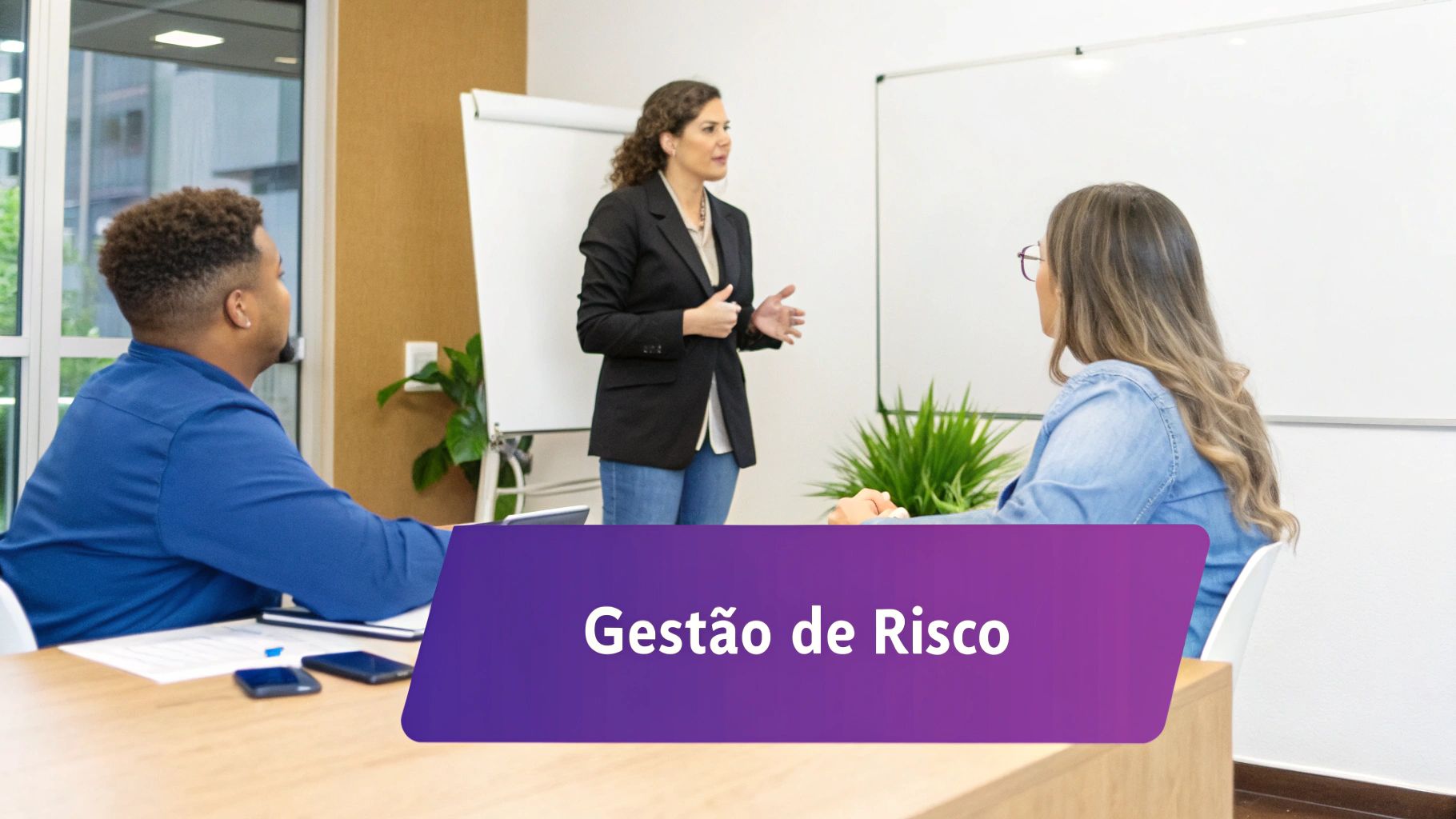 Mulher apresenta sobre gestão de risco a dois participantes em uma sala de reunião moderna.