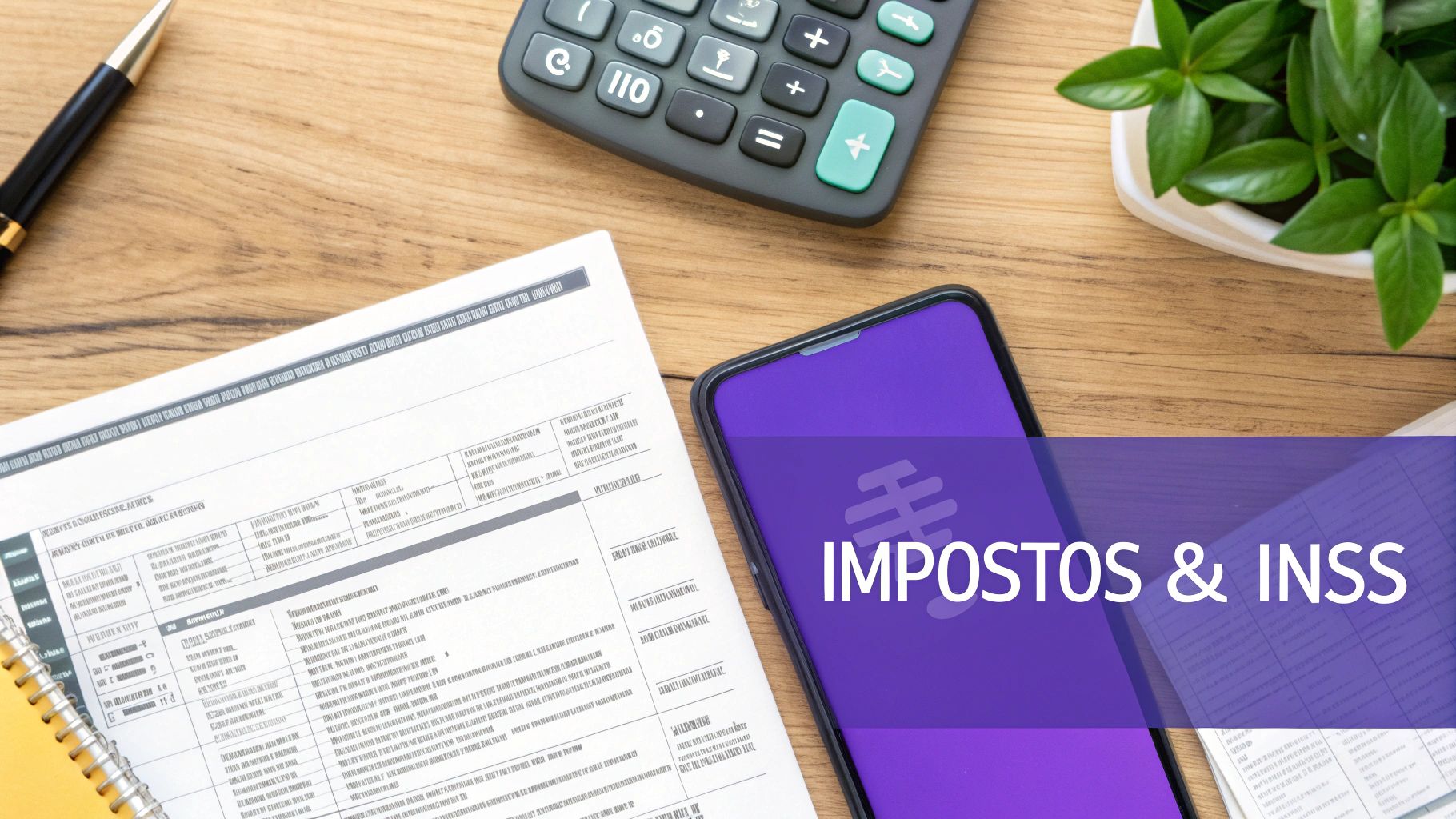 Lei do trabalhador autônomo: um guia completo para seus direitos e deveres 3 Calculadora e documentos fiscais sobre uma mesa, representando o planejamento de impostos do trabalhador autônomo.