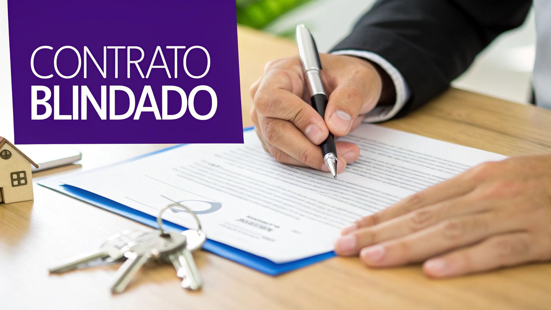 Repasse de franquias: o guia definitivo para uma transferência segura 3 Pessoa assinando um contrato com caneta, com chaves e uma casa em miniatura, e o texto 'CONTRATO BLINDADO'.