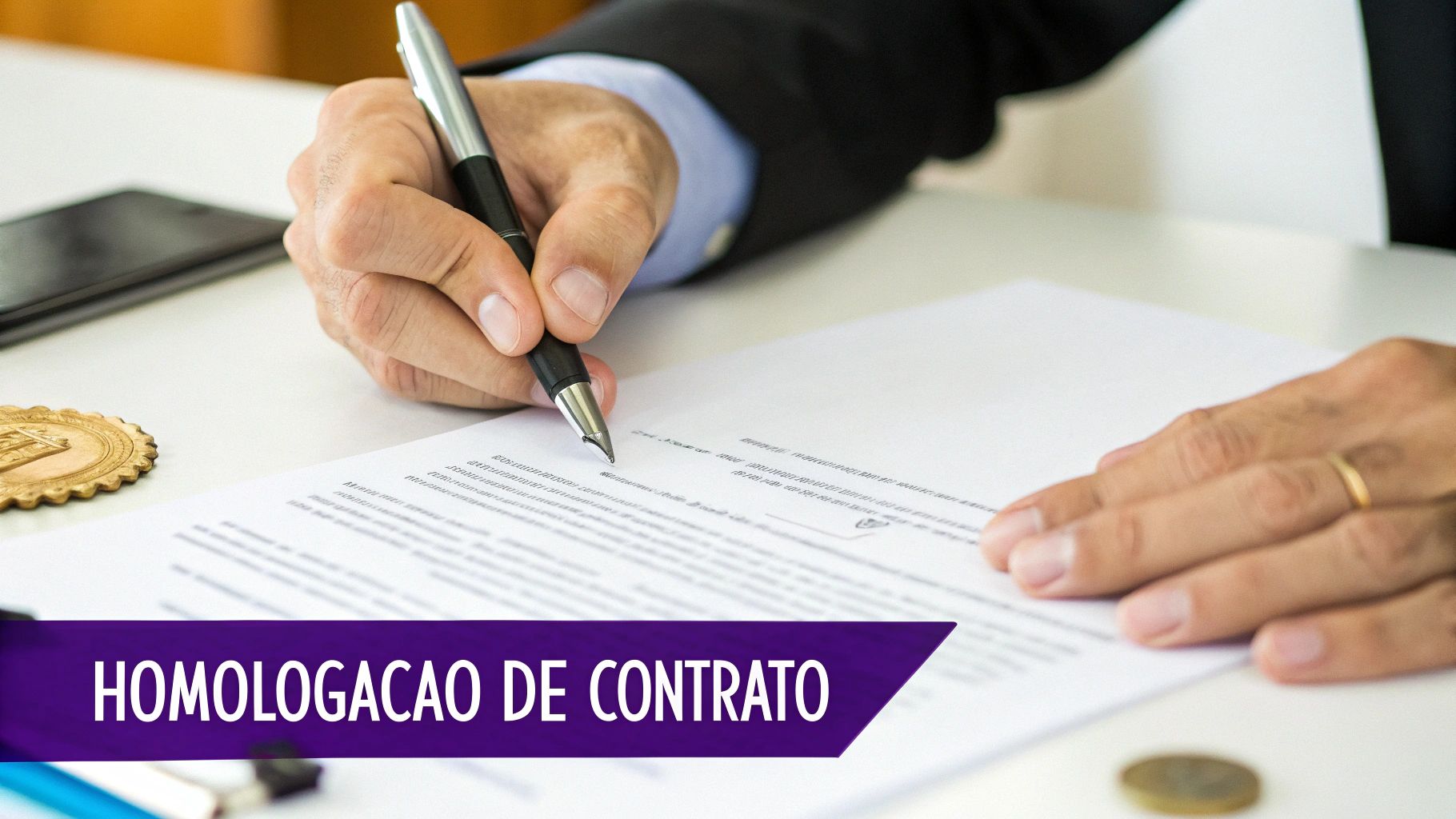 Mãos de uma pessoa assinando um contrato com uma caneta, com o texto 'HOMOLOGACAO DE CONTRATO' em destaque.