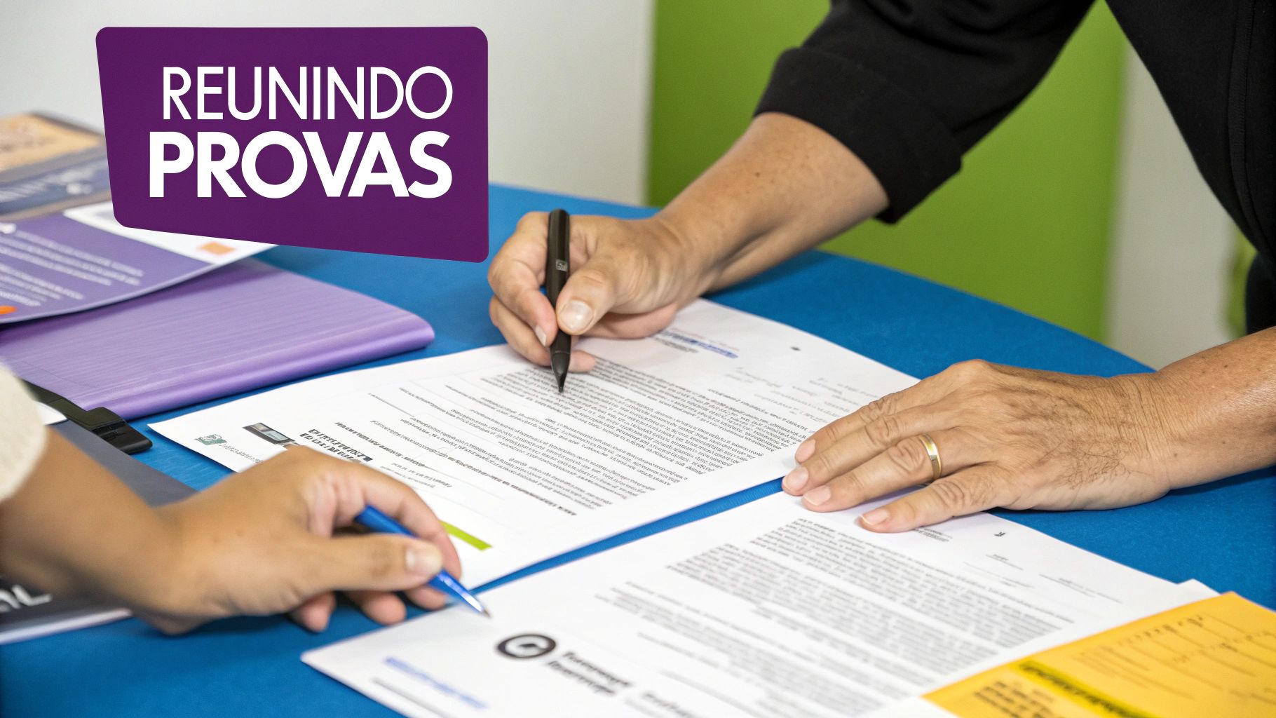 Uma pessoa organizando documentos, contratos e extratos bancários em uma mesa, simbolizando a preparação das provas.