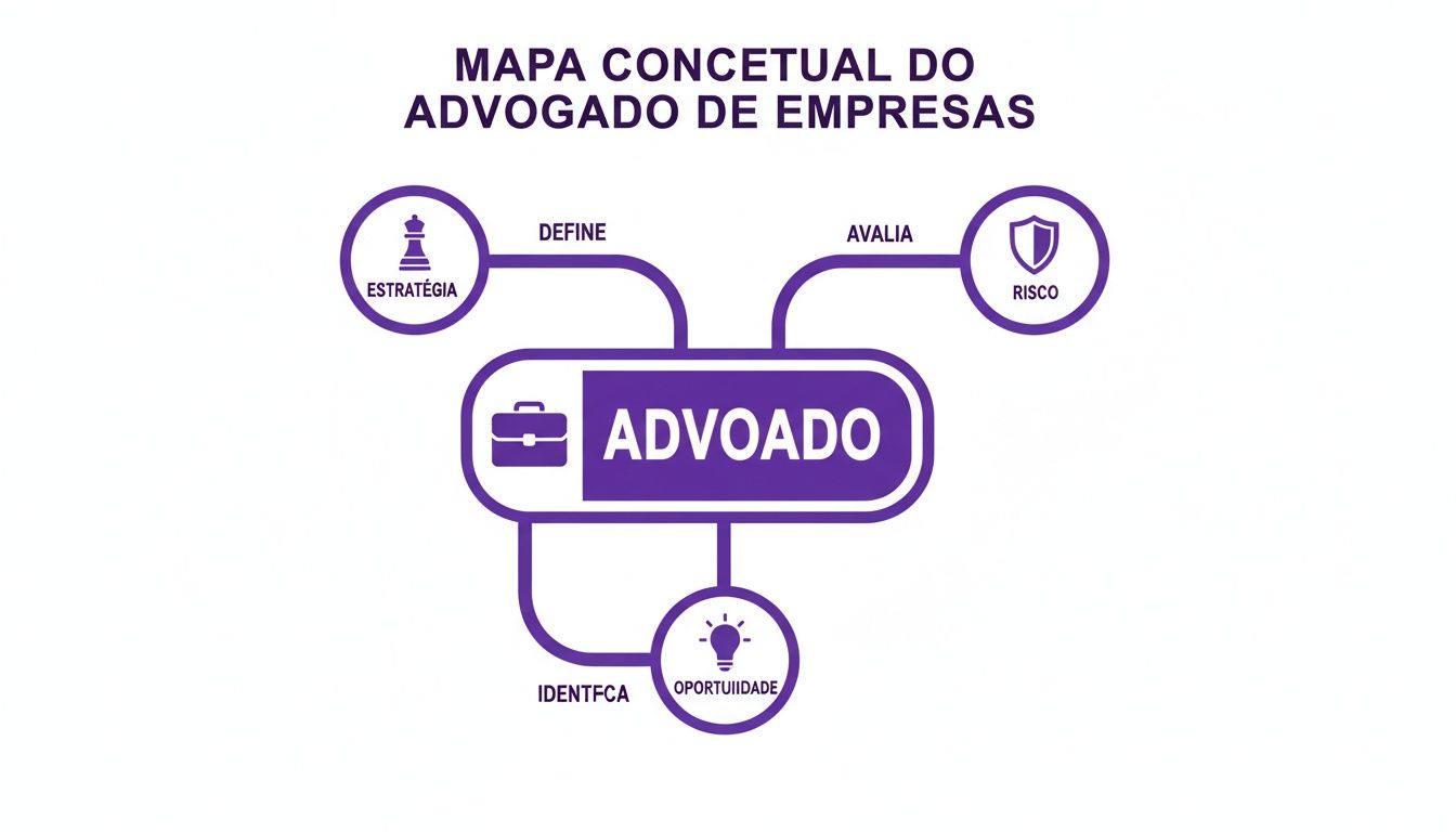 Advogado de Empresas: O Guia Completo para um Crescimento Seguro 1 Mapa conceitual detalhando o papel do advogado de empresas na estratégia, risco e oportunidade.